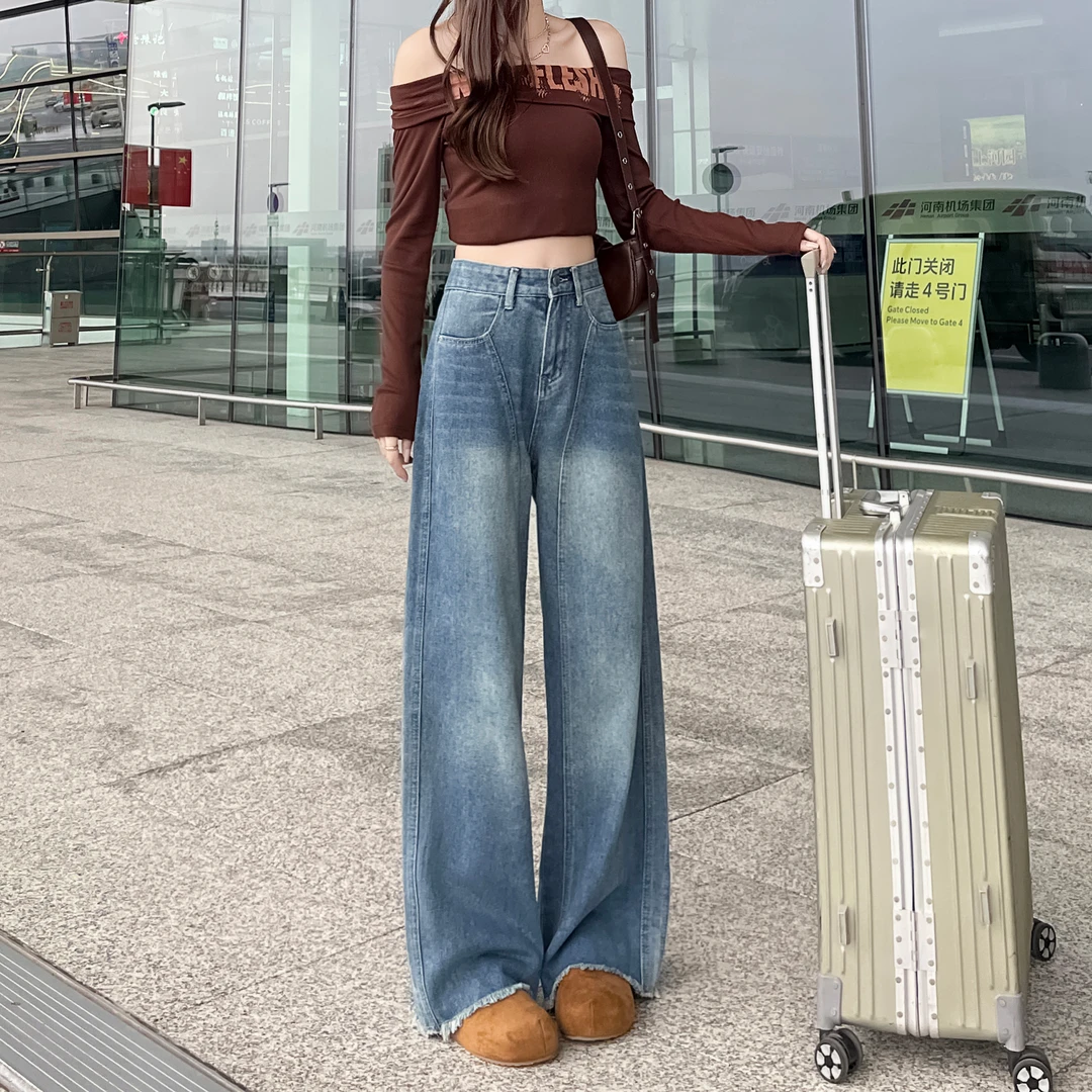 胖MM大码女装2025秋季新款美式阔腿裤高腰宽松设计感牛仔裤女