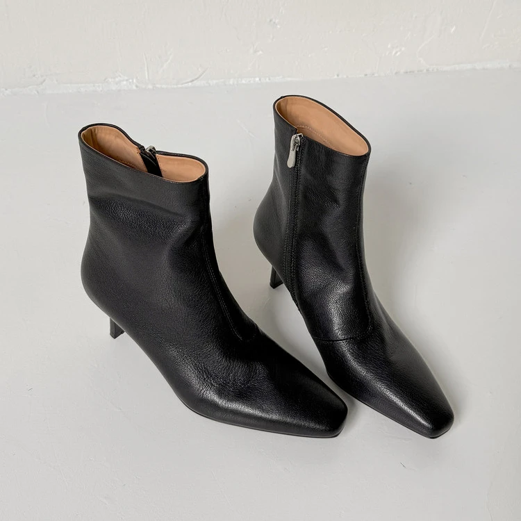5.5cm跟高/羊皮 小方头短靴女细跟气质秋冬季瘦瘦靴高跟裸靴黑色