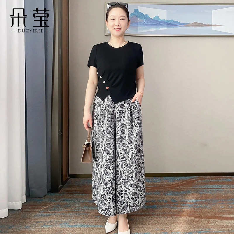 SL新品推荐妈妈装时尚休闲套装夏季新款中年女装短袖T恤衫裙裤子