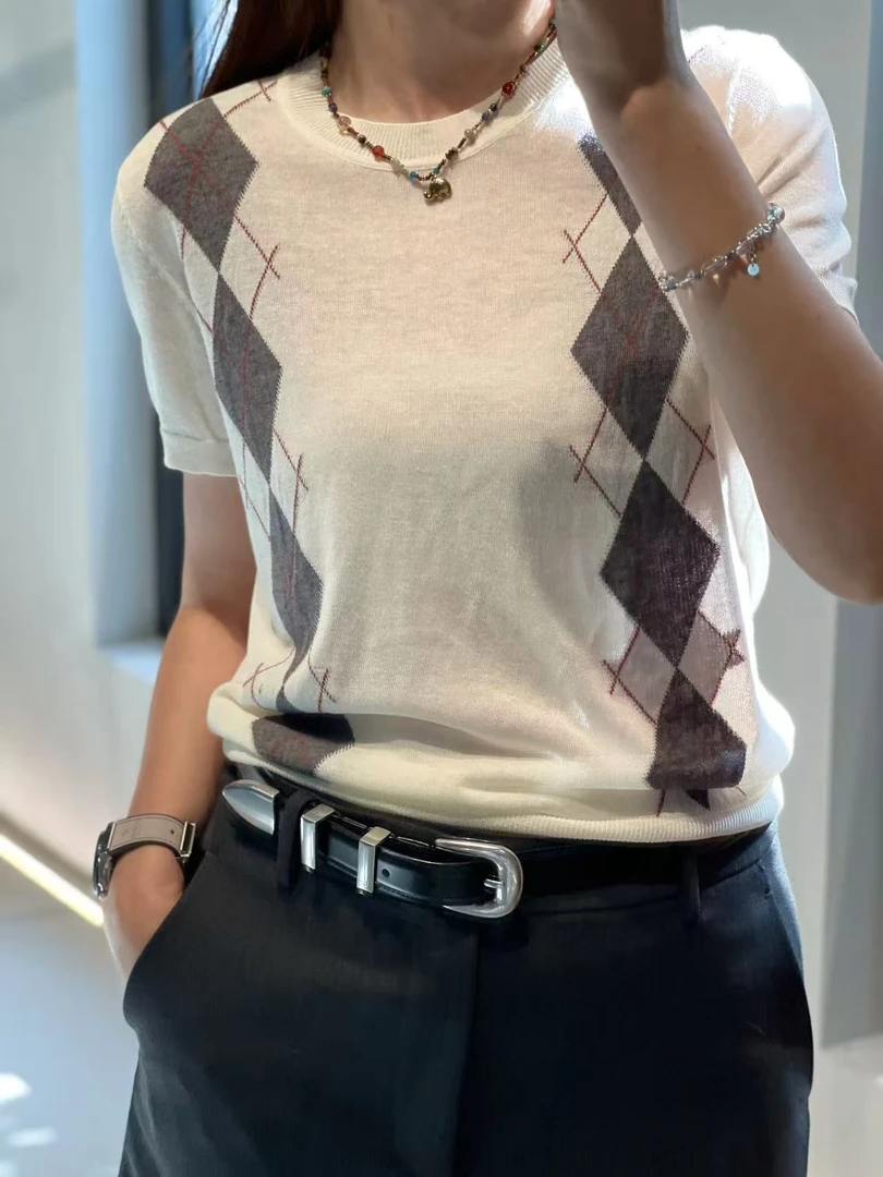 【LGDL】凉爽菱形格圆领短袖针织衫