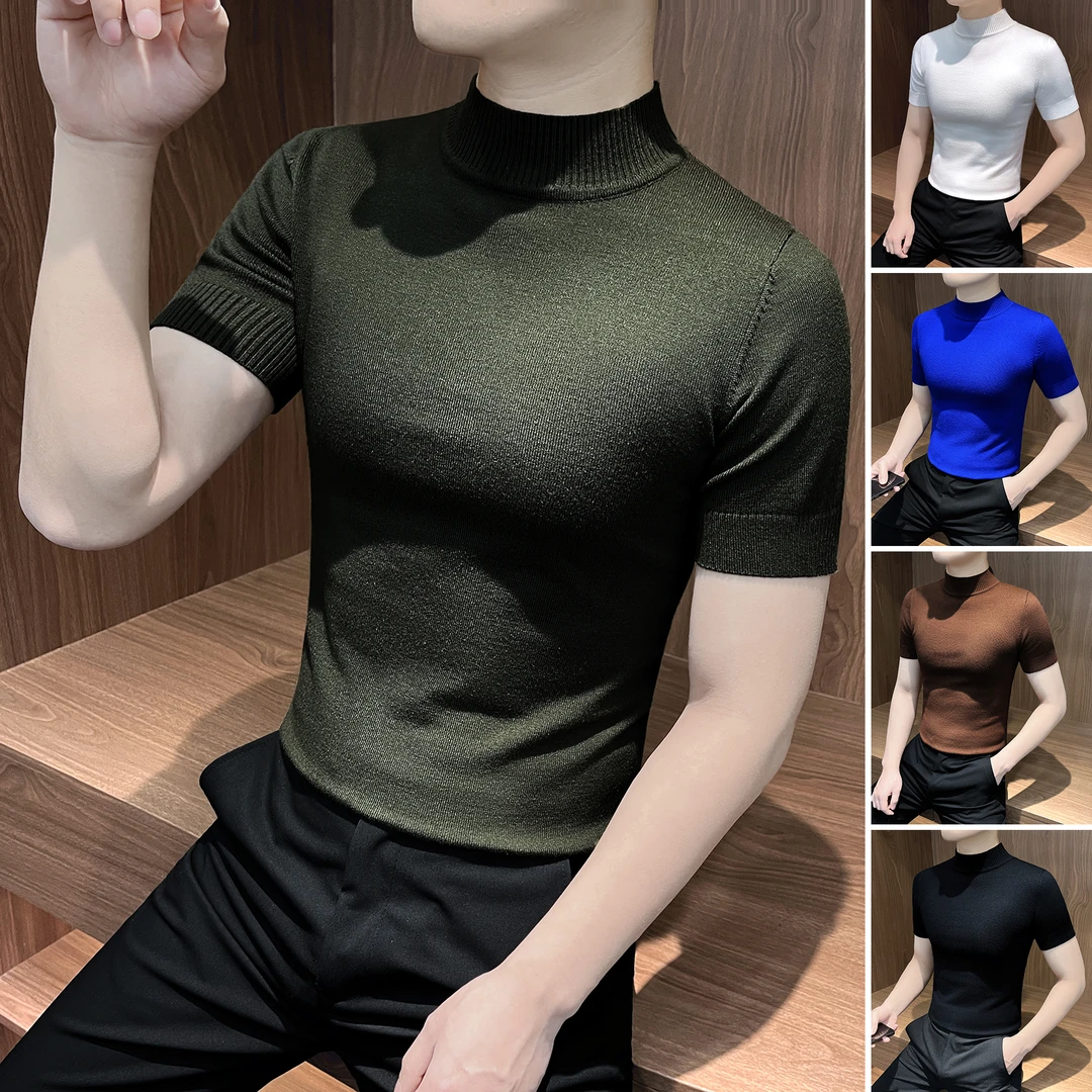 半高领打底衫男款秋季新款爆款痞帅男装西装内搭短袖男士T恤针织