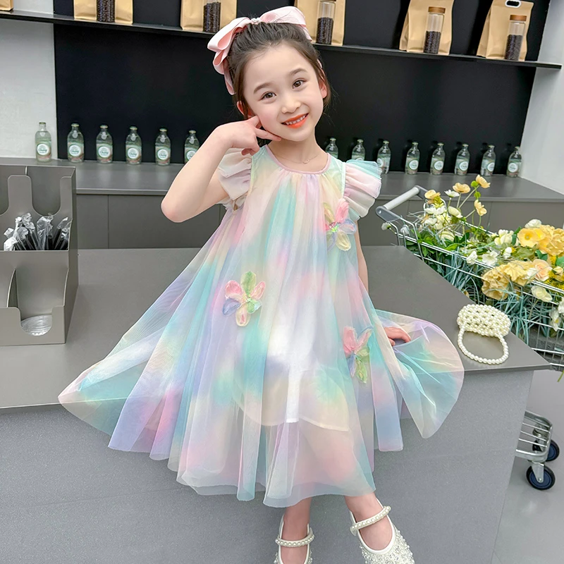 女童夏季连衣裙新款洋气漂亮儿童彩虹纱裙小女孩夏装背心公主裙子