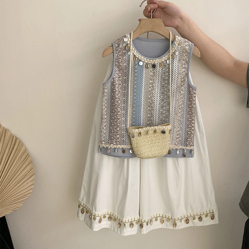 R25290女童吊带连衣裙夏季新款潮刺绣马甲亮片夏装裙裤套装