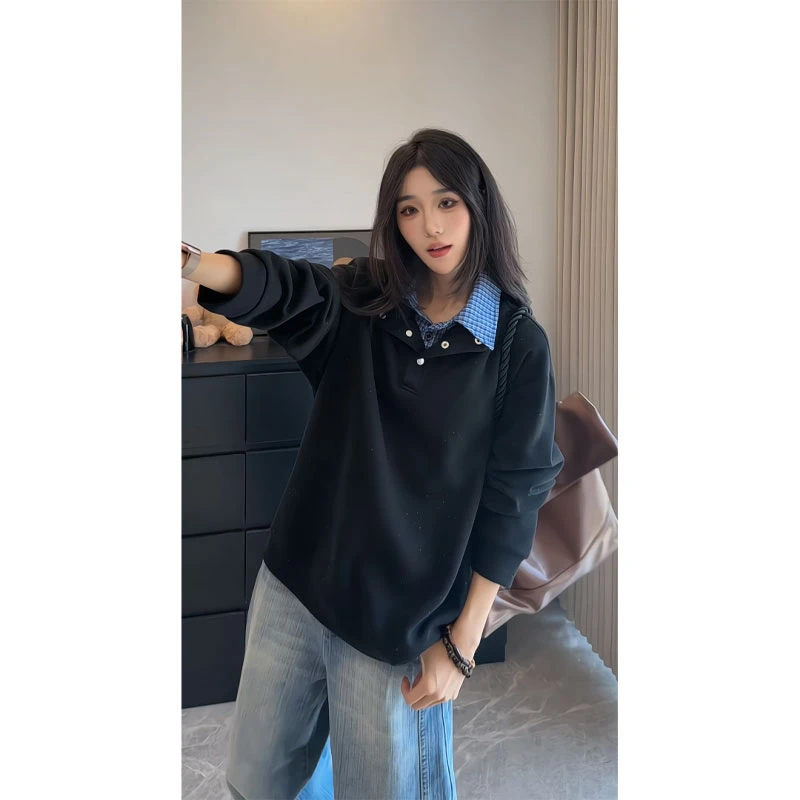 美式拼接格子polo衫卫衣男早秋新款满天星上衣痞帅高级设计感外套