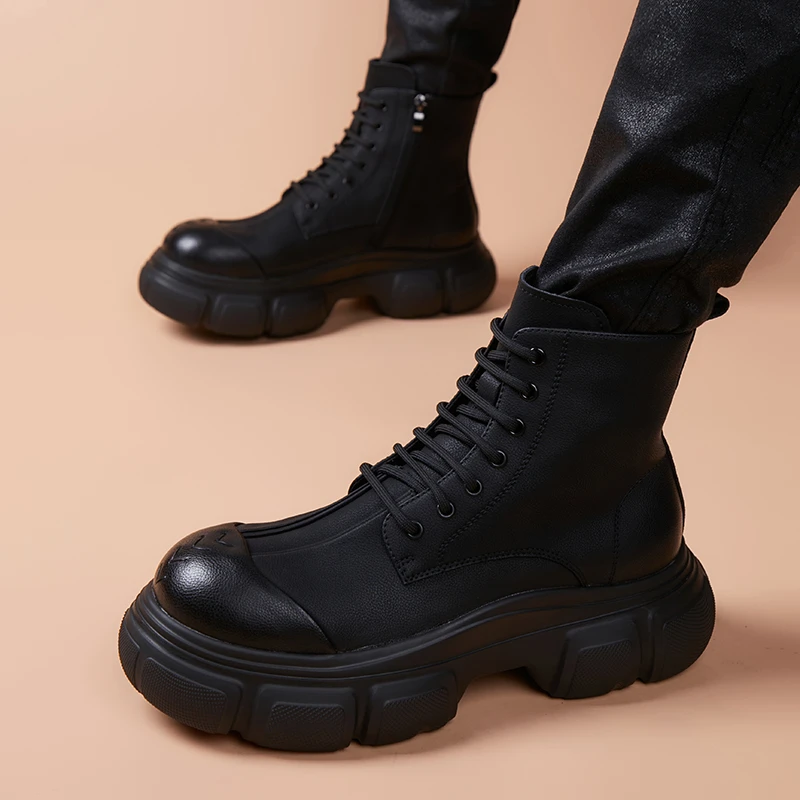 加绒高筒马丁靴男2025新款秋冬季覆古英伦风百搭厚底增高机车靴子