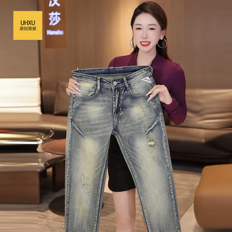 UHXU秋冬2025新款复古破洞轻奢牛仔裤男高端潮牌修身小脚直筒裤子