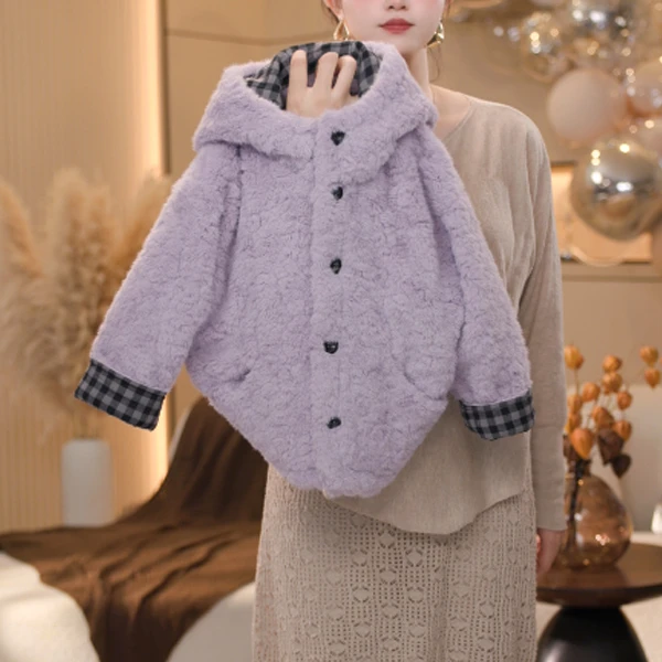 【米拉5】女童紫色加绒加厚毛毛衣外套2025秋冬保暖季中大童棉服