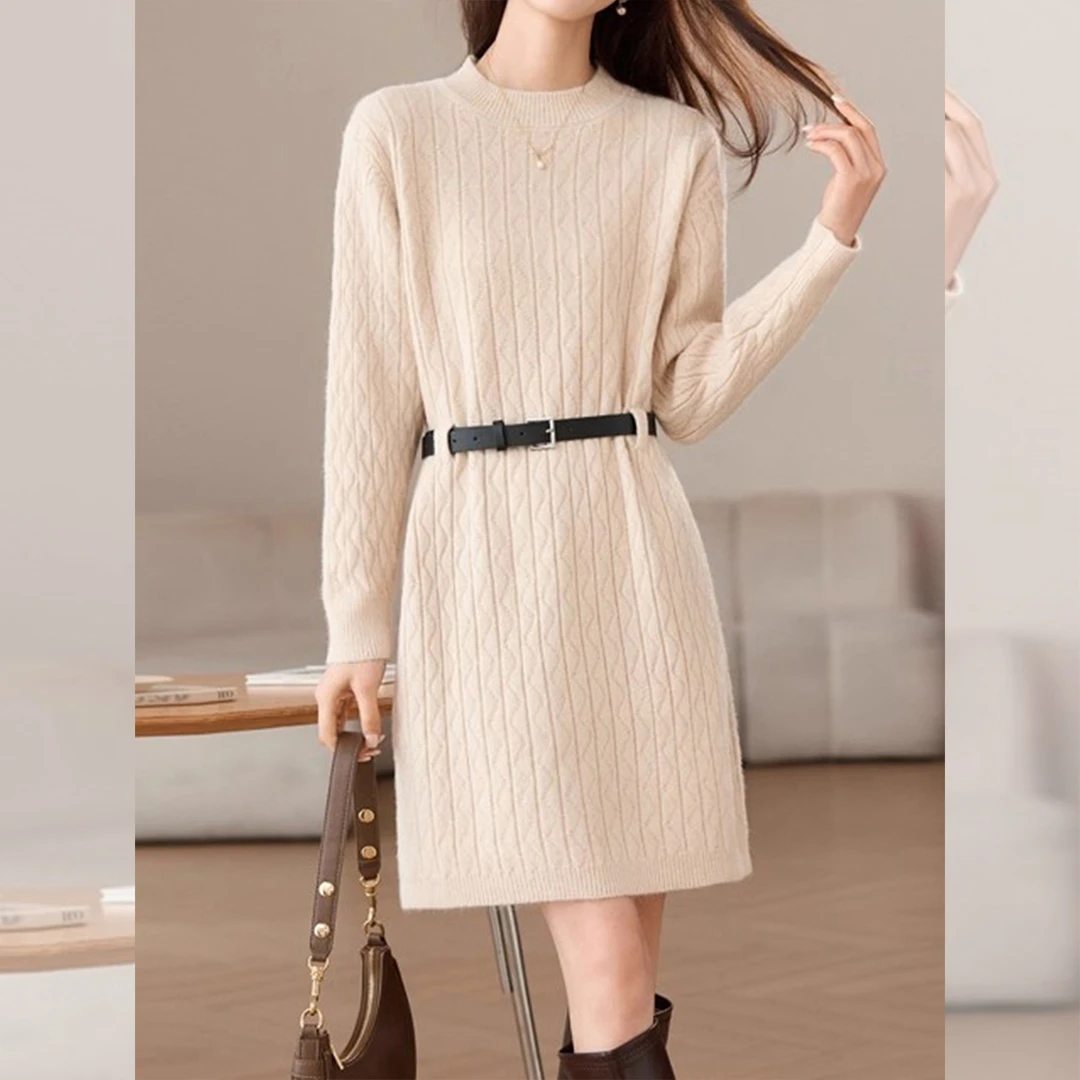 气质小香风圆领针织连衣裙女秋冬内搭洋气小个子毛衣裙配大衣短裙