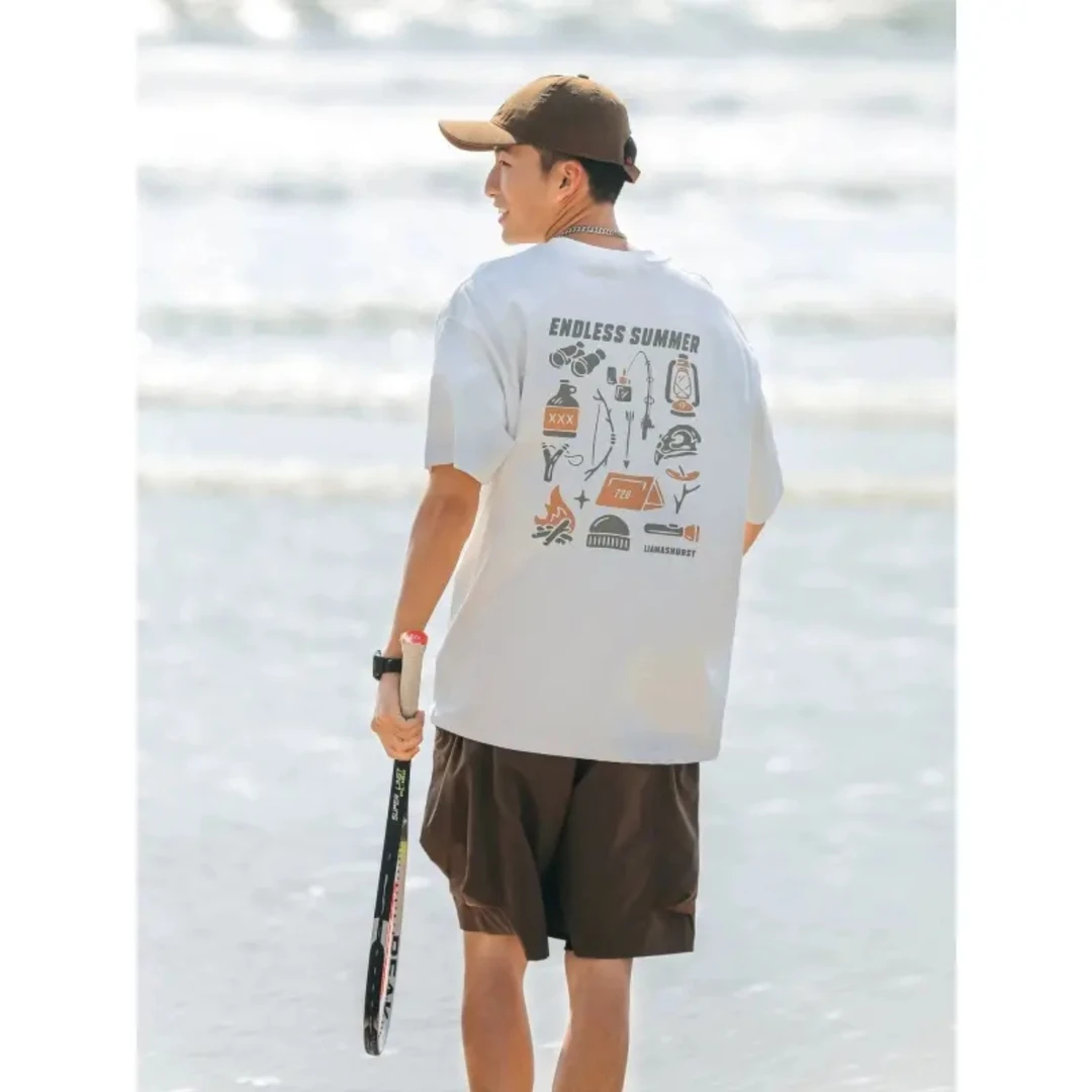 日系潮牌260克趣味美式印花圆领潮流宽松型T恤运动短袖复古户外男