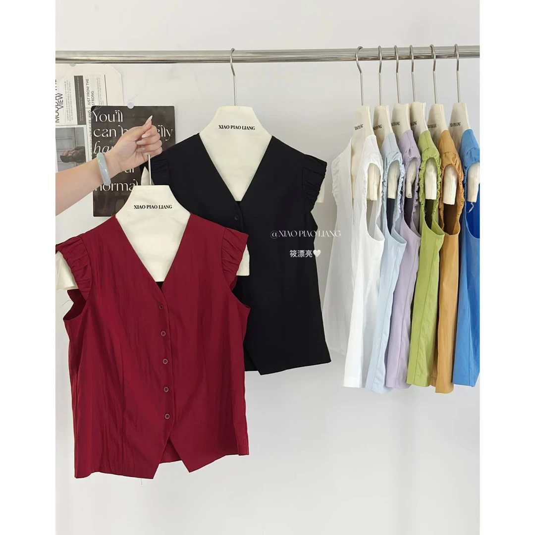 夏2025新款法式小众甜美风洋气v领设计感小飞袖衬衫上衣1177#0.12