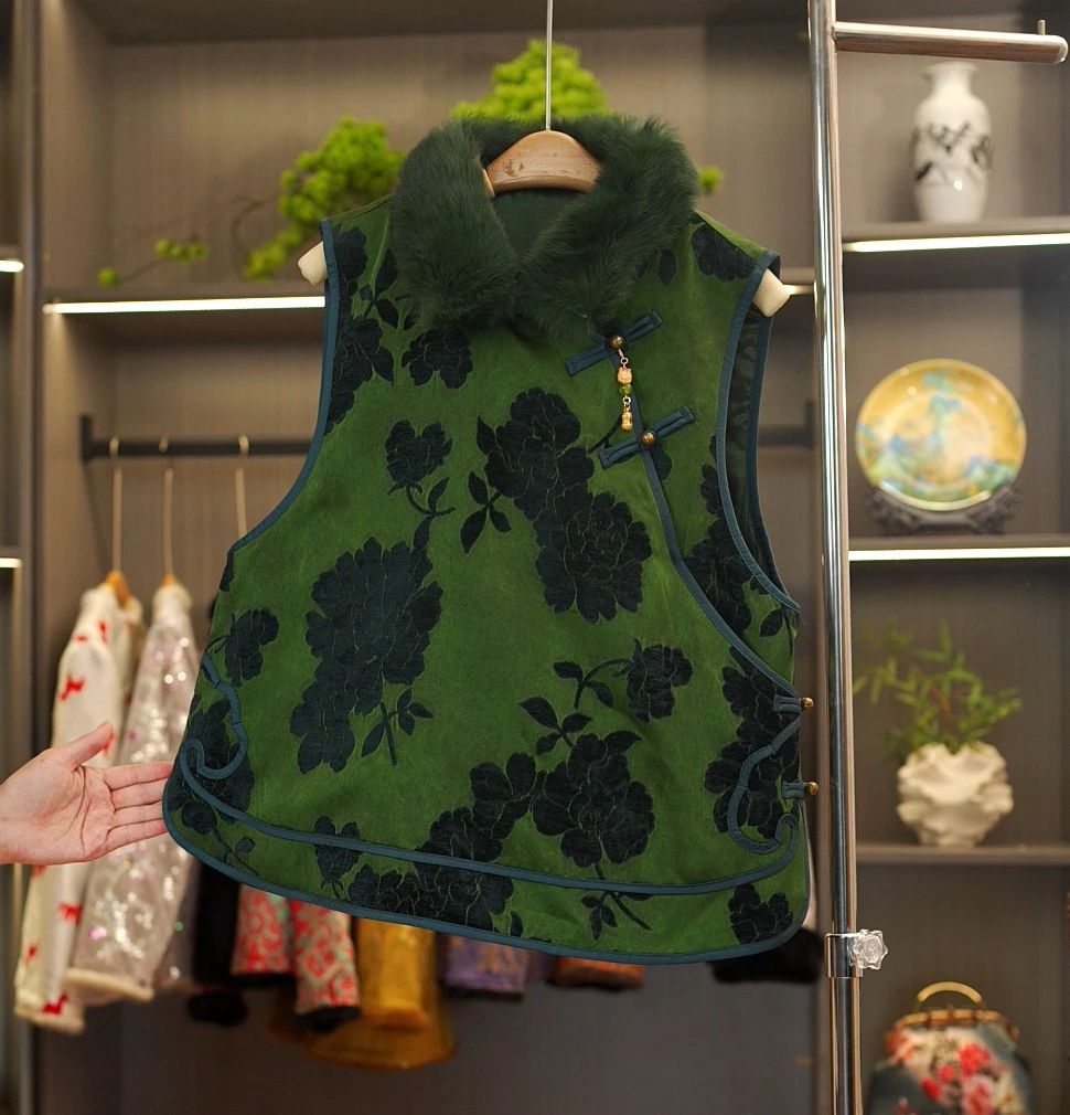 【漳绒牡丹】新中式国风漳绒花老料重工刺绣拼接水貂毛加厚马甲女