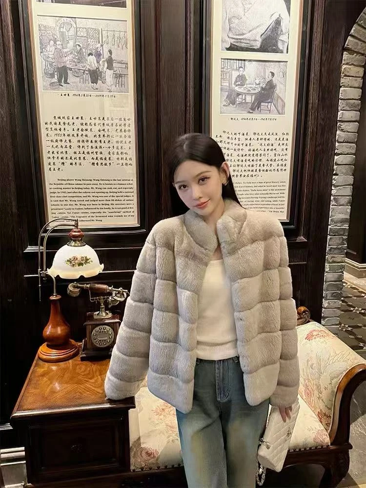 SHIMENGNU/诗梦奴雷克萨獭兔皮毛一体立领奶芙芙兔毛皮草外套