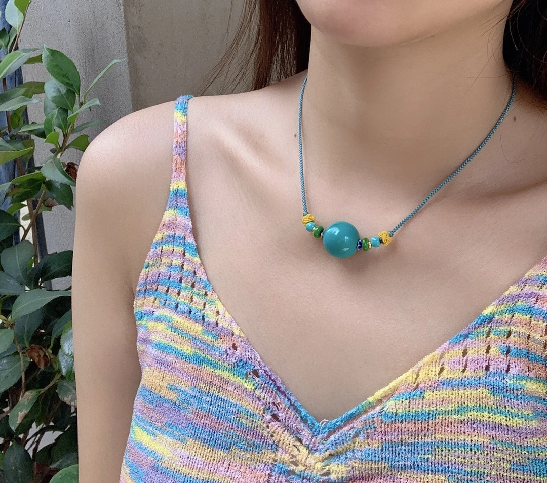 湖北十堰老矿精美高瓷蓝绿圆珠锁骨链项链18mm