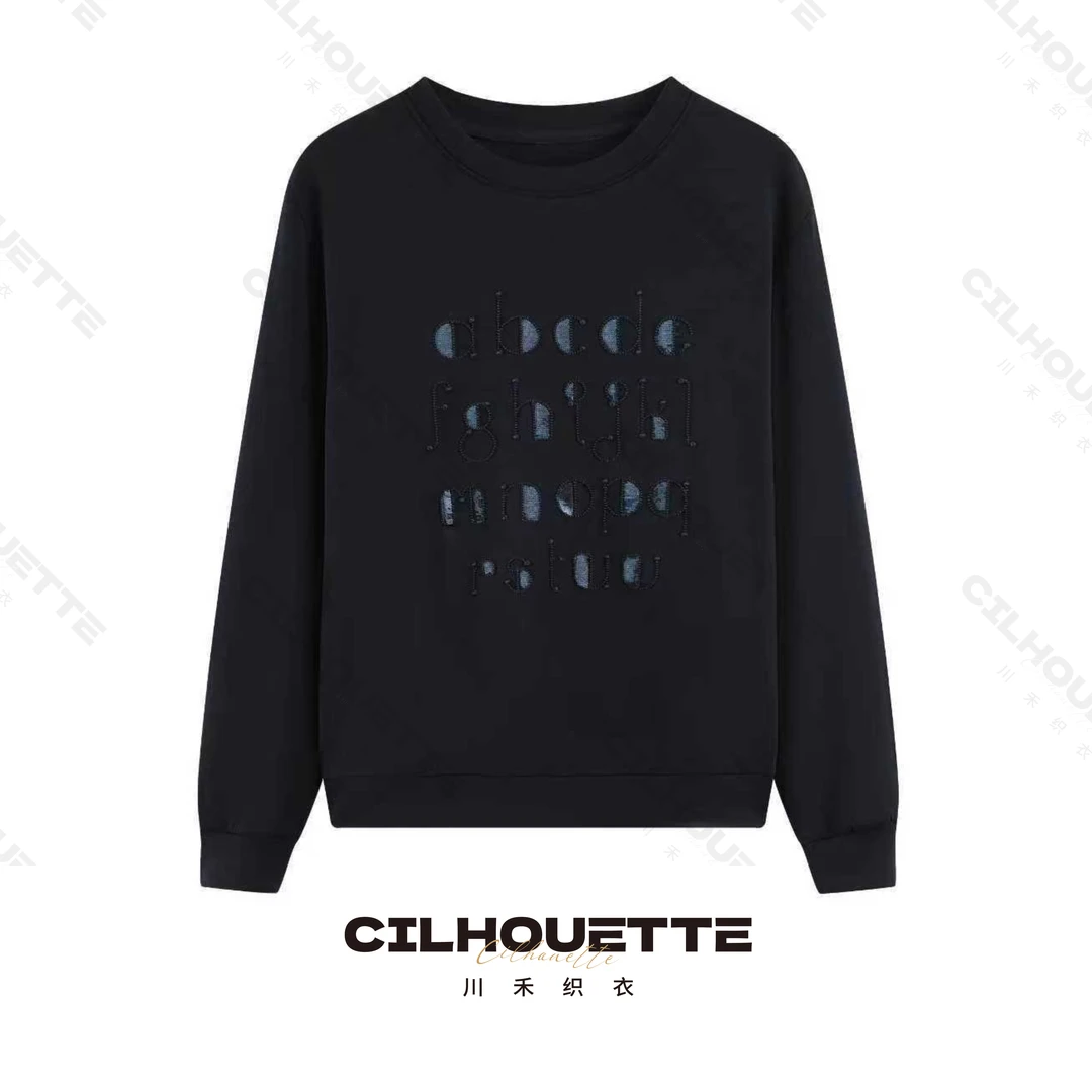 川禾织衣 早秋字母亮片钉珠卫衣兰精天丝长袖圆领时尚百搭打底