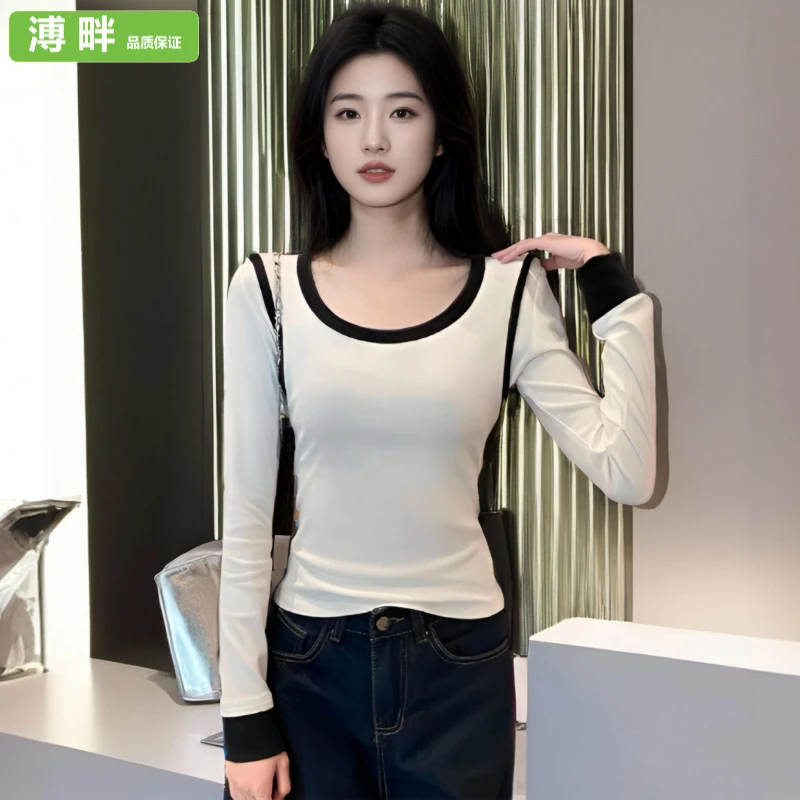溥畔韩系圆领拼色长袖t恤女2025春秋新款洋气撞色设计打底衫上衣