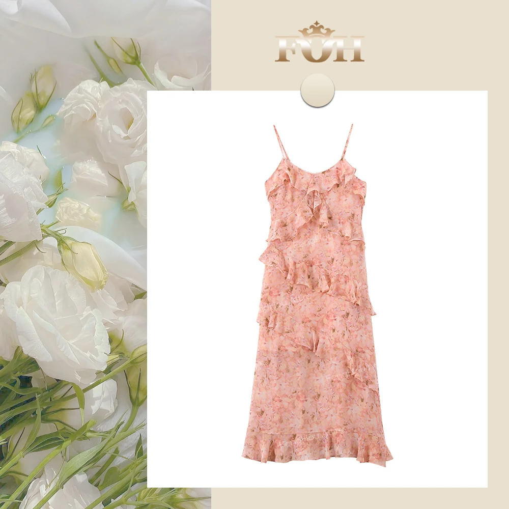 【封后轻奢设计】2025春季新款甜美木耳边拼接吊带连衣裙538D925