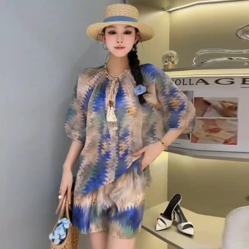 休闲欧洲站复古民族风套装女夏季渐变宽松显瘦短袖上衣短裤两件套