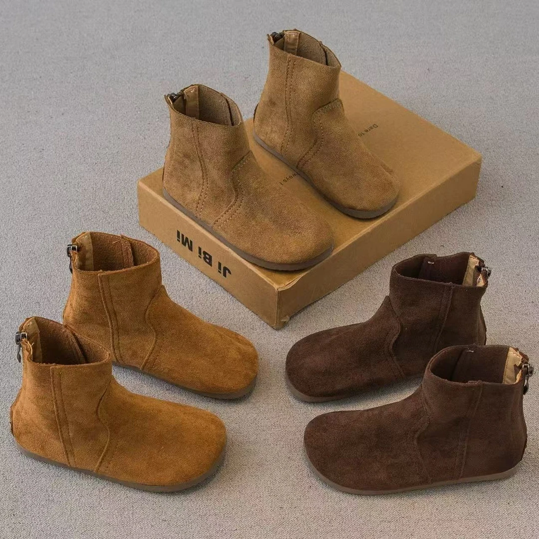 韩版儿童复古拉链短靴2025秋冬新款男女童纯色百搭博肯靴休闲皮靴