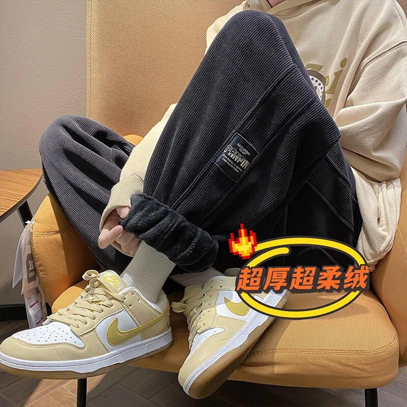 HK21730港风潮牌冬季保暖加绒加厚雪尼尔休闲束脚长裤