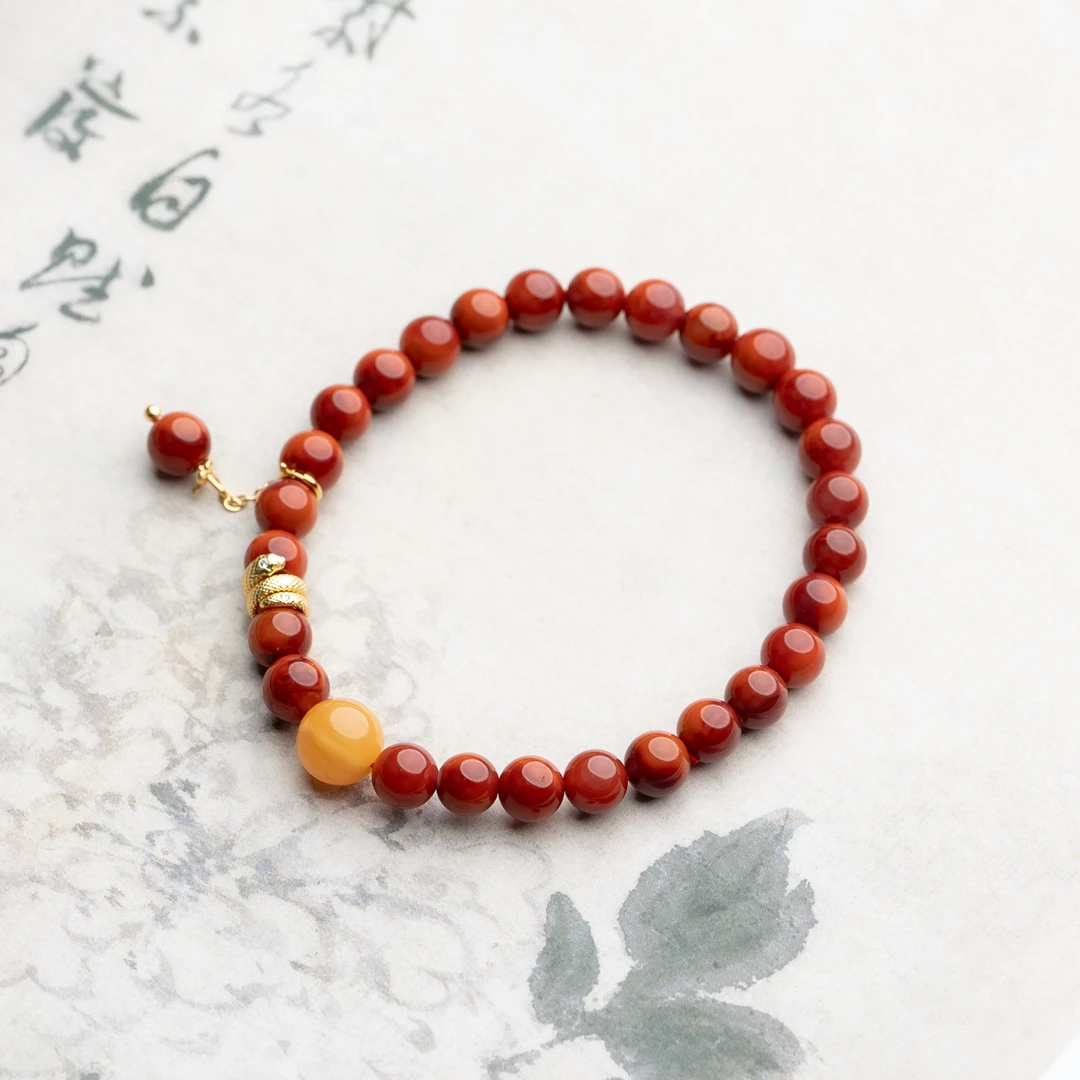 XIANYUAN/仙源南红火焰纹6mm+鸡油黄蜜蜡圆珠金盘蛇单圈手串