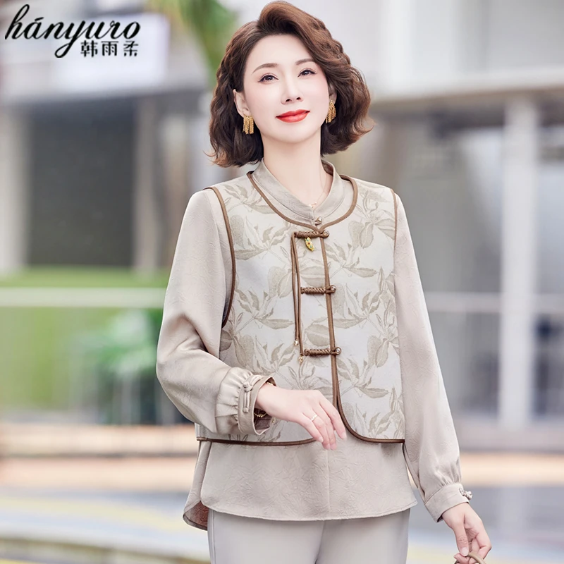 新中式妈妈高端大气套装春装国风小衫中老年春秋上衣衬衫两件套女