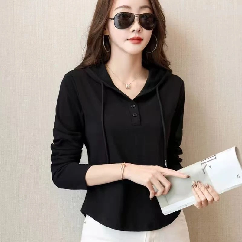 北极绒连帽长袖t恤女春秋显瘦新款修身百搭洋气减龄打底衫上衣潮