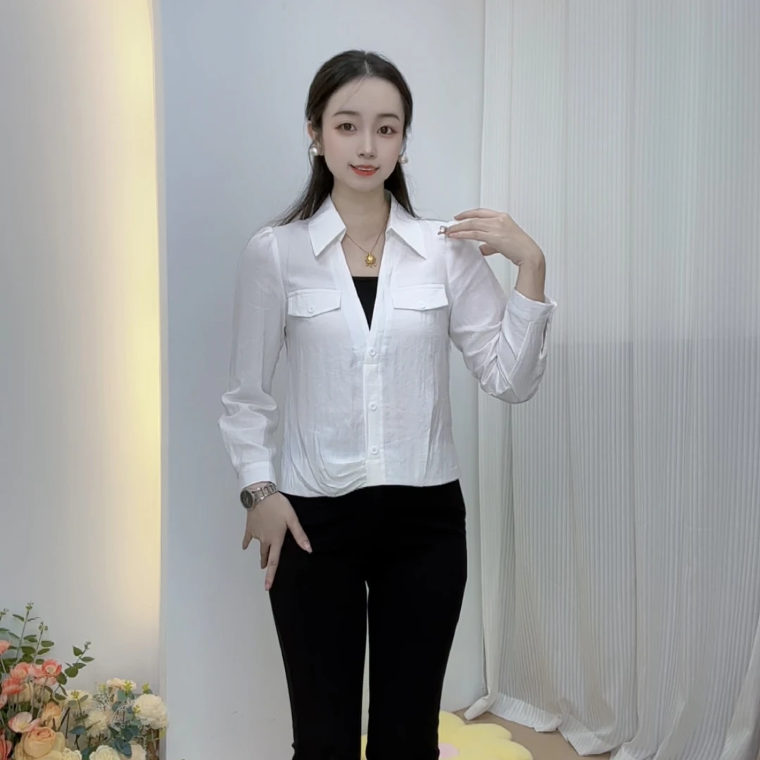 秋季新款假两件百搭白色遮肚子显瘦短款衬衫