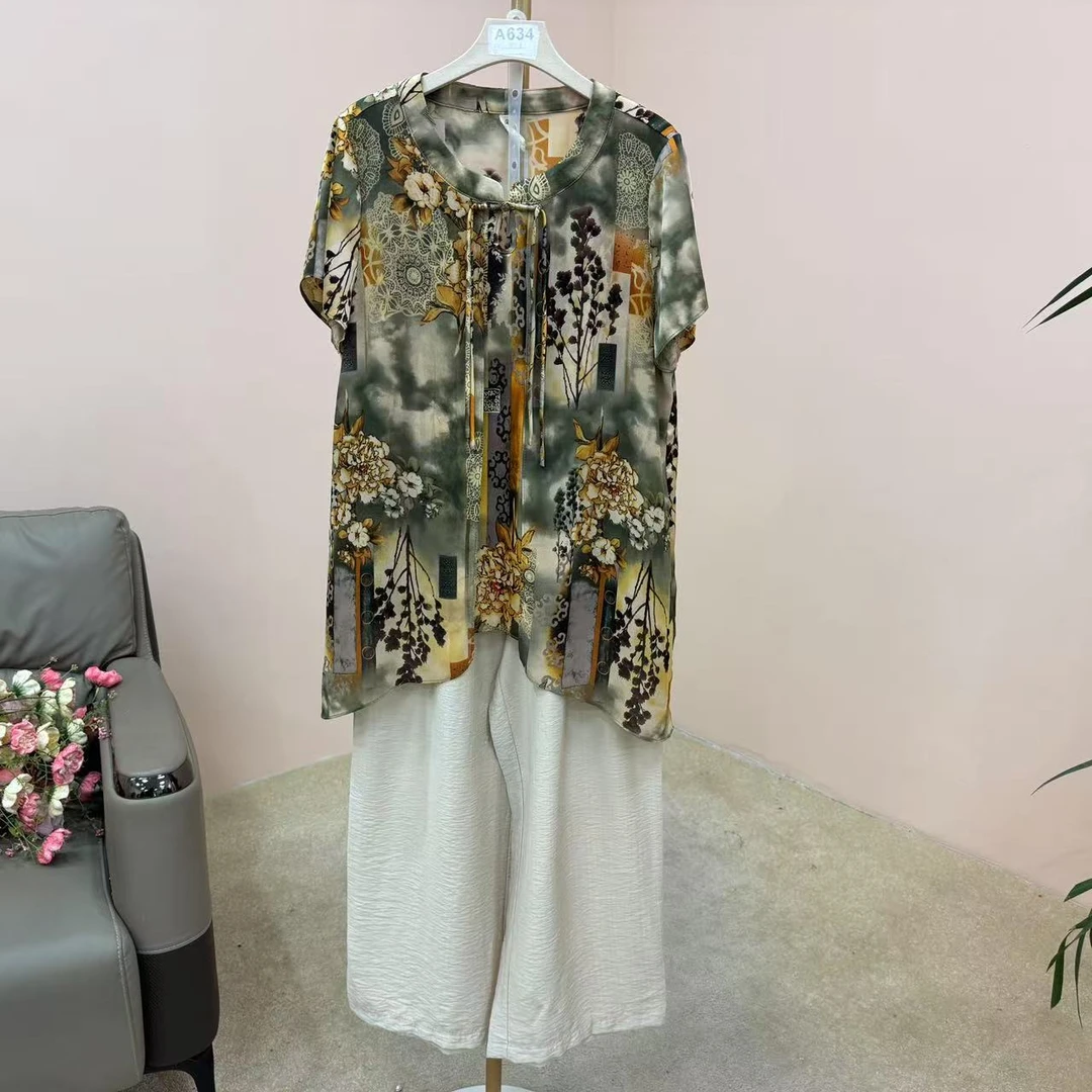 【T1271】夏季两件套装妈妈装印花衬衫新国风套装九分裤阔腿裤套装