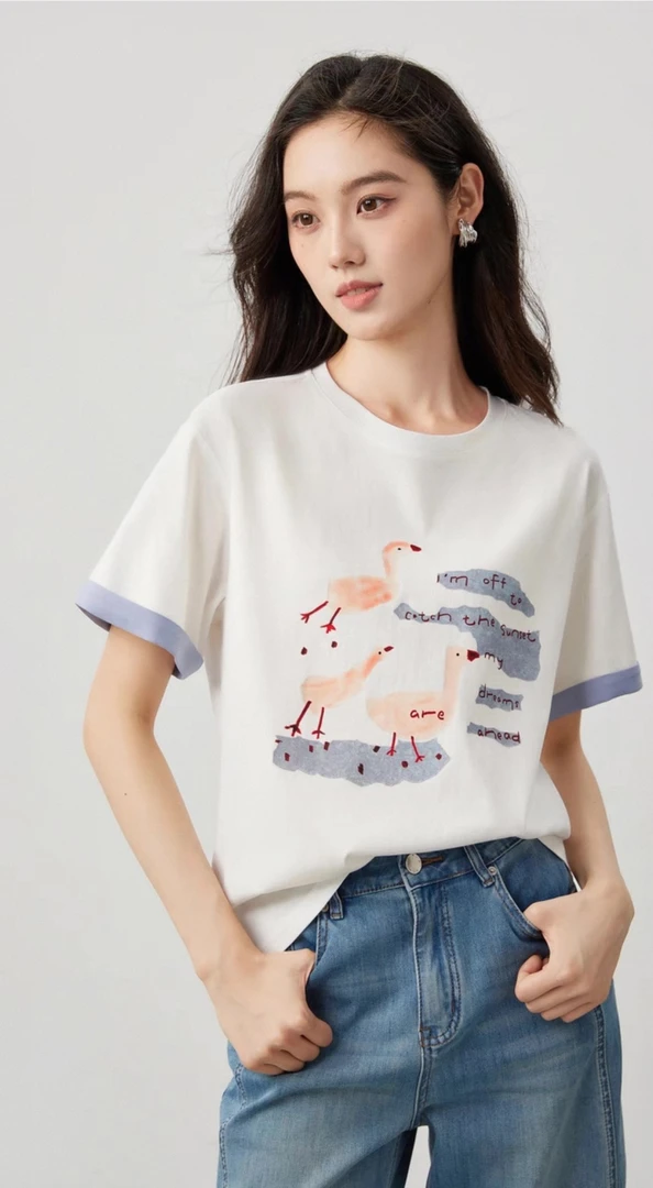 9154可爱小鸭！撞色翻袖短袖