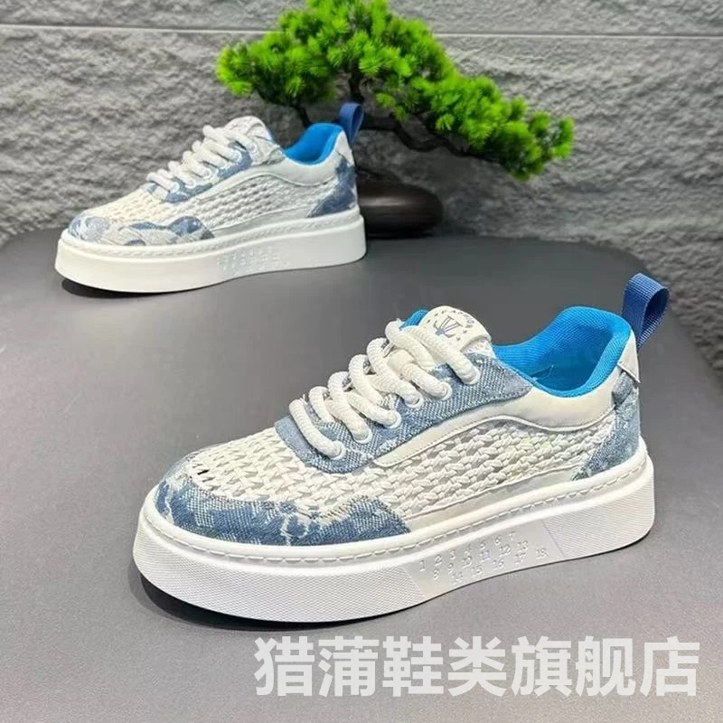 男鞋2025新款夏季透气潮牌百搭网面休闲鞋青少年厚底运动小白板鞋