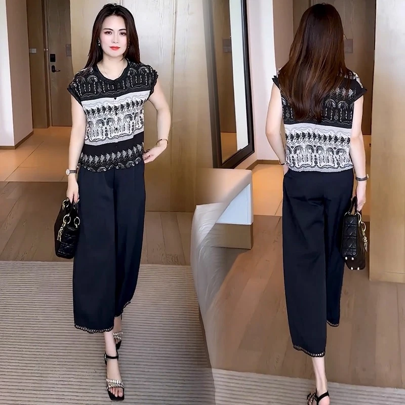 时尚套装女2025夏季新款洋气显瘦印花无袖上衣八分阔腿裤两件套潮