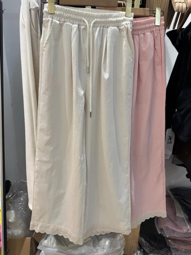 蕾丝花边拼接窄版女春季高腰显瘦休闲裤百搭抽绳松紧腰直筒裤子