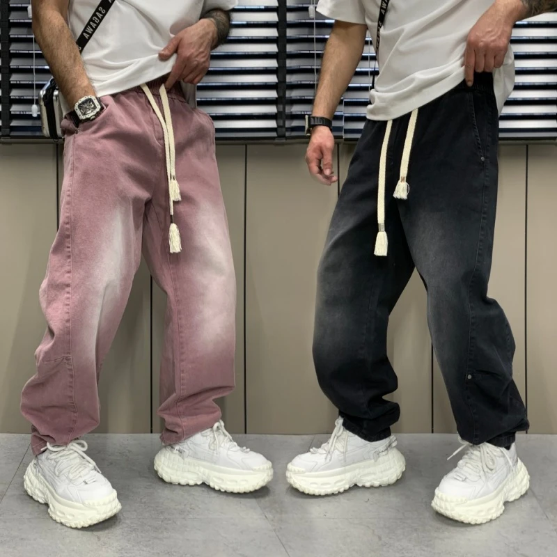 2025春夏季渐变色牛仔裤宽松直筒阔腿弯刀裤青年重磅水洗做旧裤