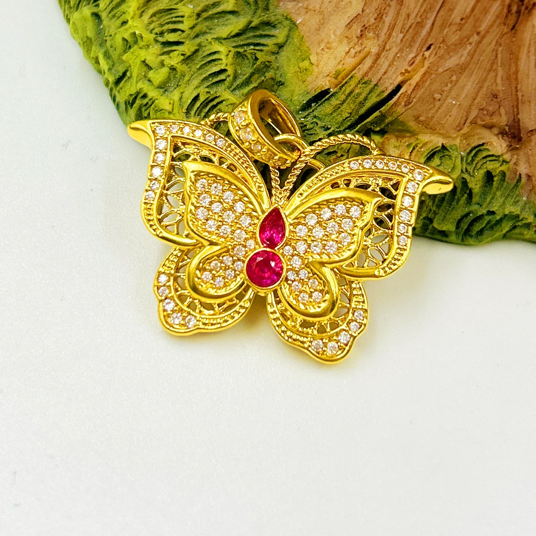 G足金999镶嵌玲珑花丝蝴蝶吊坠 5D工艺黄金A1