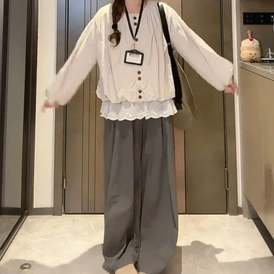大码胖mm韩系早秋穿搭一整套装女花苞外套叠穿蕾丝花边上衣阔腿裤