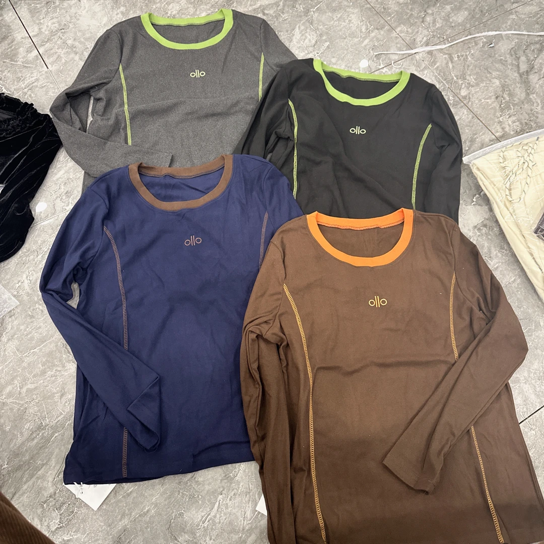 圆领拼色刺绣字母明线撞色磨毛T恤女打底衫显瘦大码秋冬保暖上衣