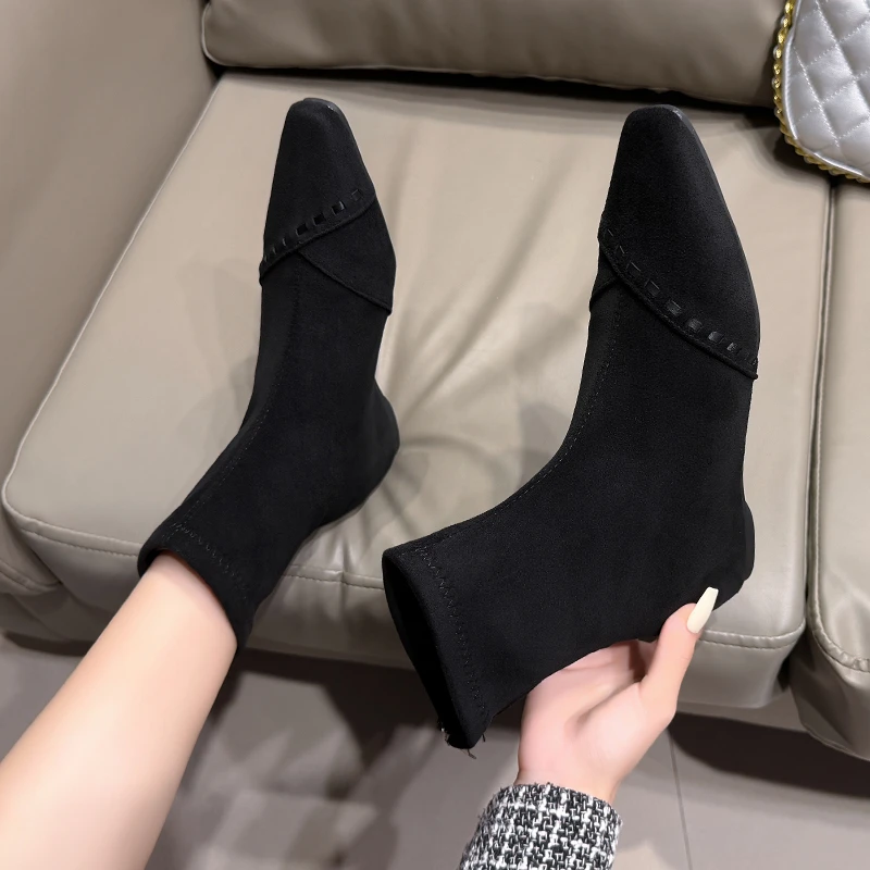 复古小方头绒面内增高短靴女靴子2025年新款秋冬加绒阔腿裤高跟鞋