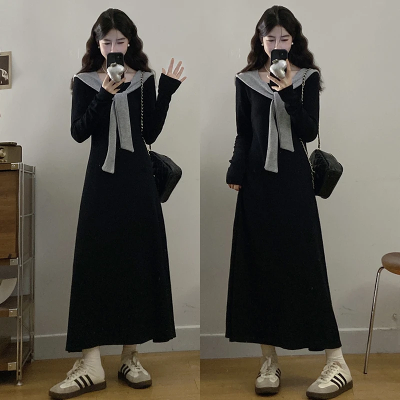 大码胖mm秋季韩系穿搭黑色长袖连衣裙子新款收腰显瘦假两件长裙女
