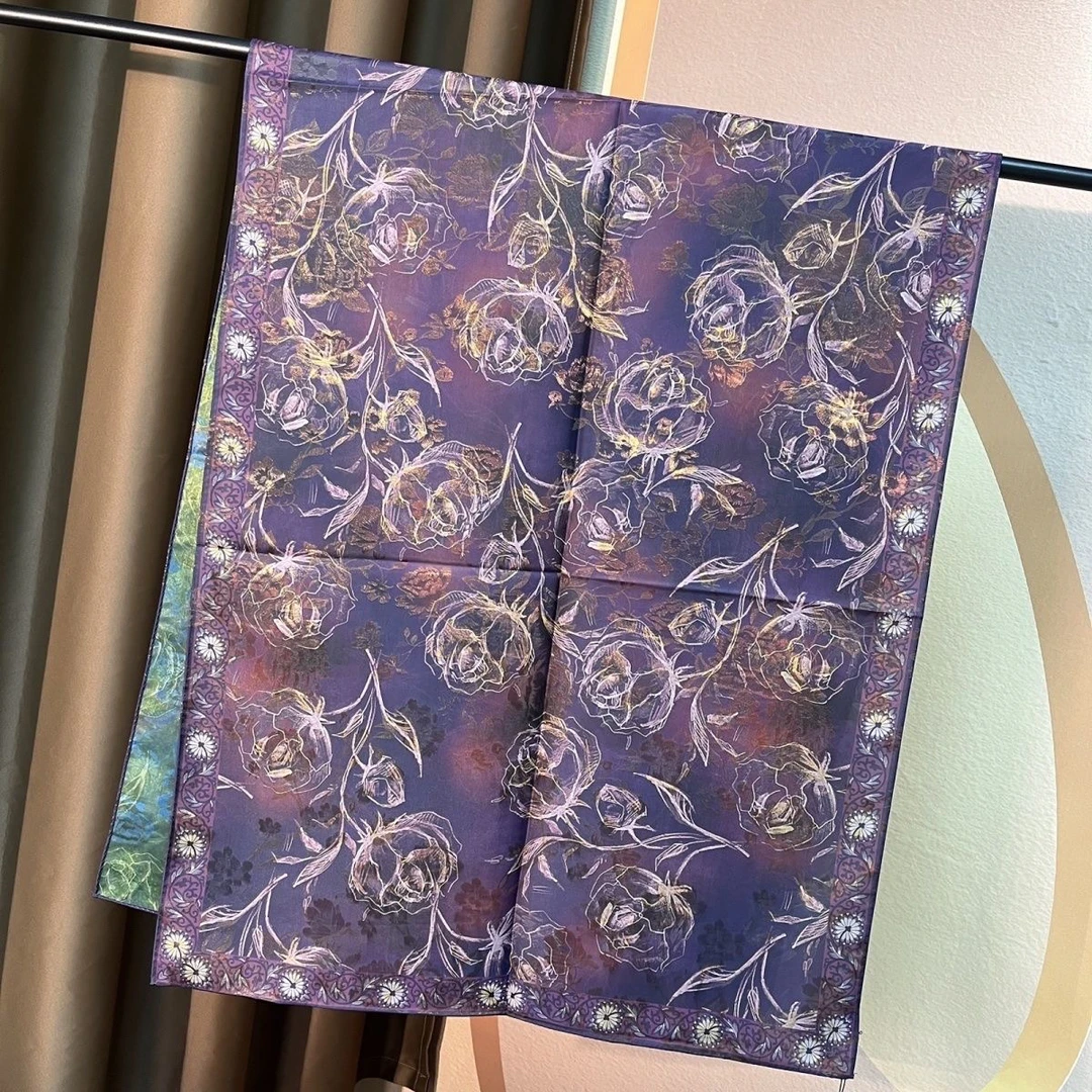 【紫玫瑰】重磅老料70*180香云纱黄金萝丝巾双面印花围巾披肩