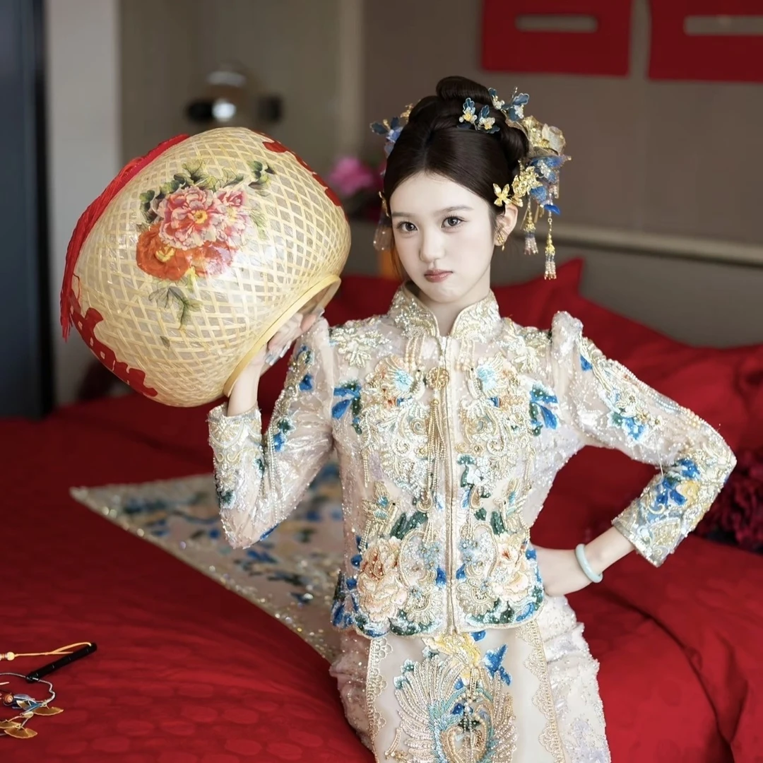 z8213金蓝色布艺中式秀禾头饰新娘结婚分体减龄影楼跟妆