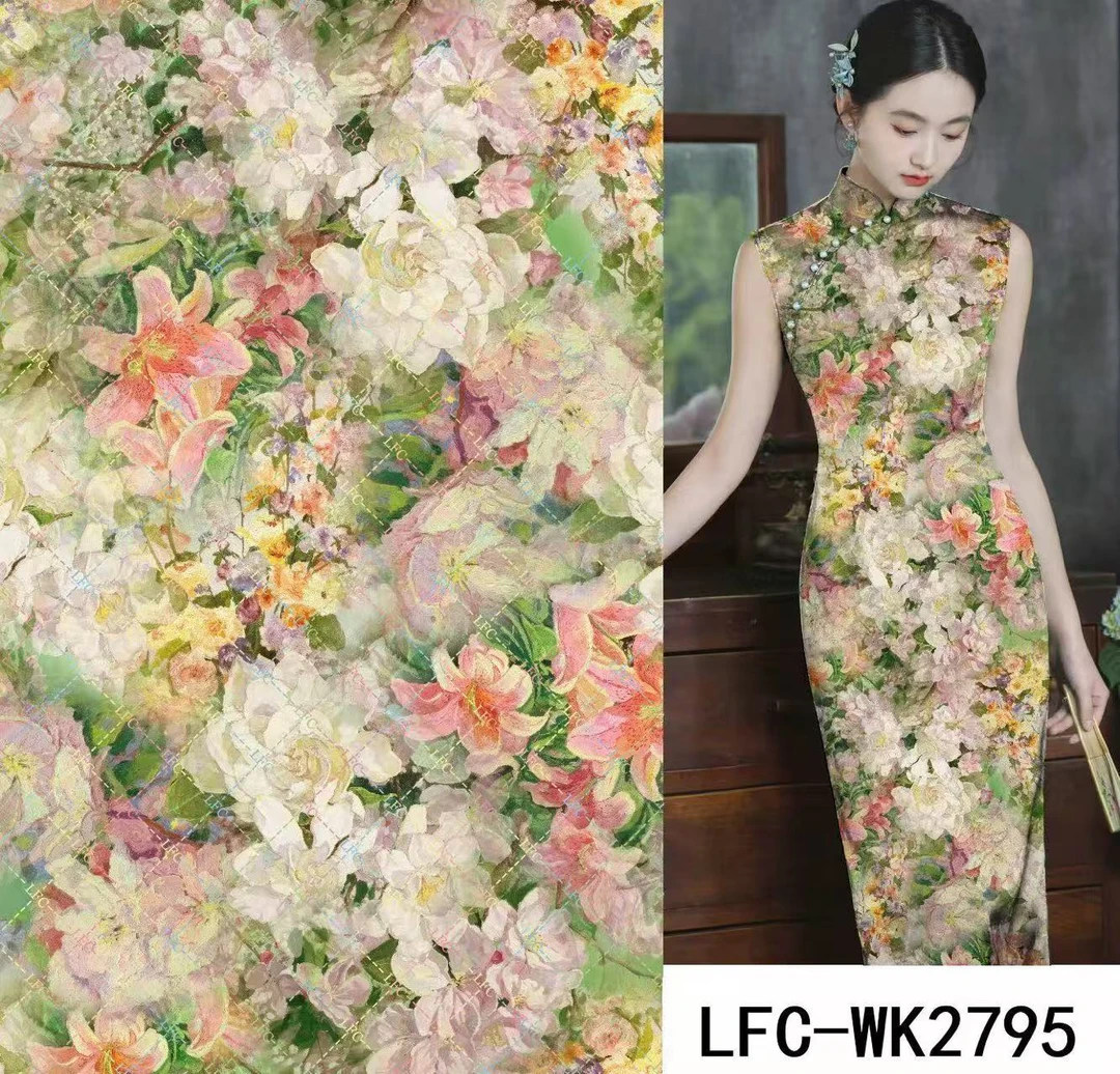 【油画繁花粉百合】100真丝香云纱  140幅宽