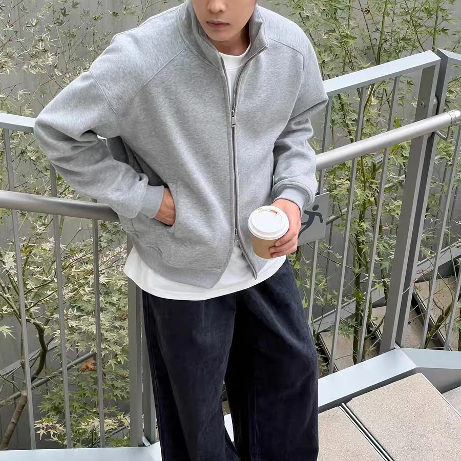 立领开衫春秋男生宽松休闲百搭简约纯色卫衣男士双拉链外套夹克潮