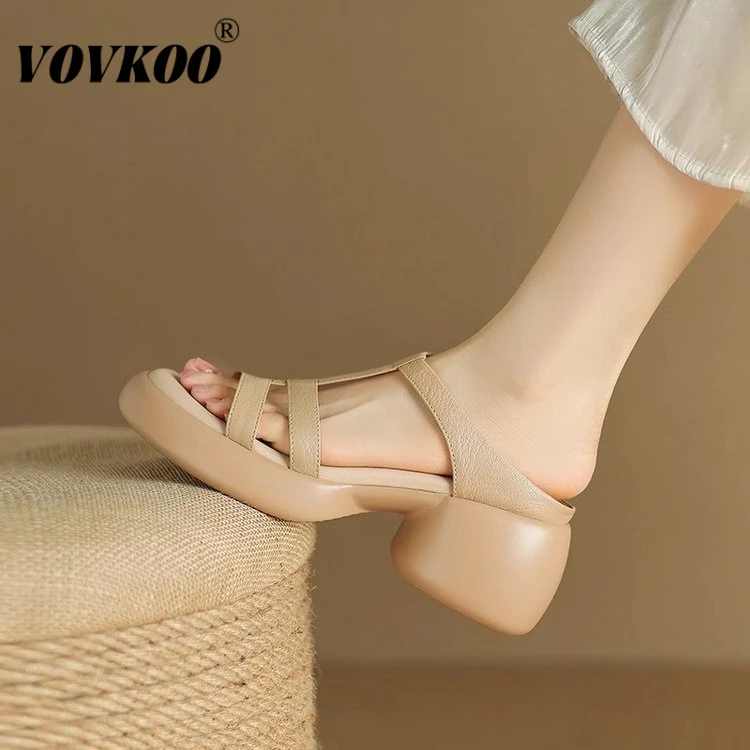 VOCKOO软皮高跟鞋女2025年夏季新款百软底复古型松糕厚底露趾粗跟
