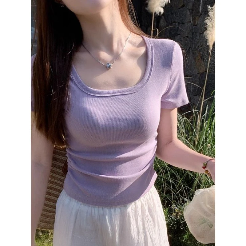 辣妹装正肩短袖t恤女夏季2025新款纯色百搭方领修身收腰短款上衣