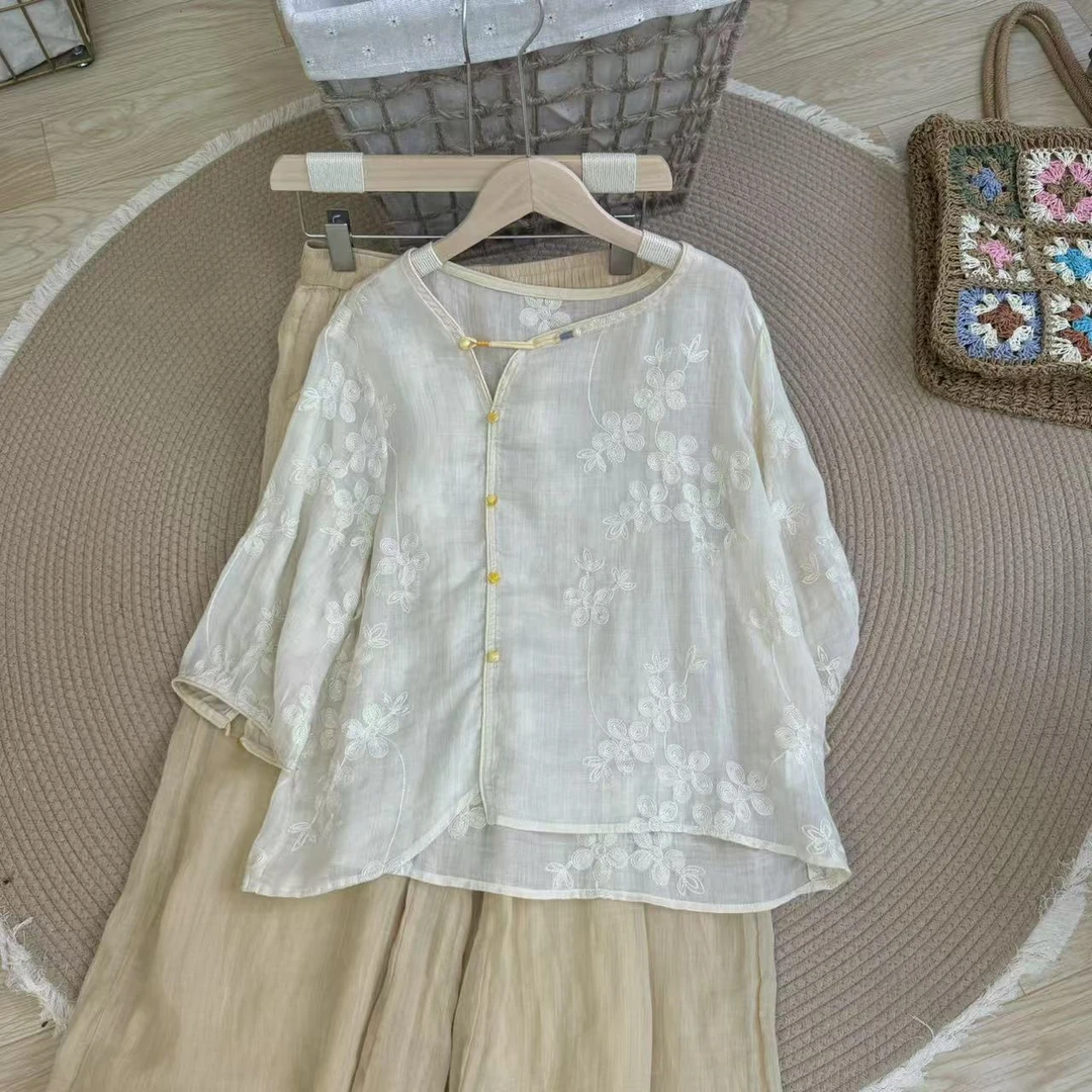 薄款刺绣新中式夏季民族风衬衫复古女装中性风日系