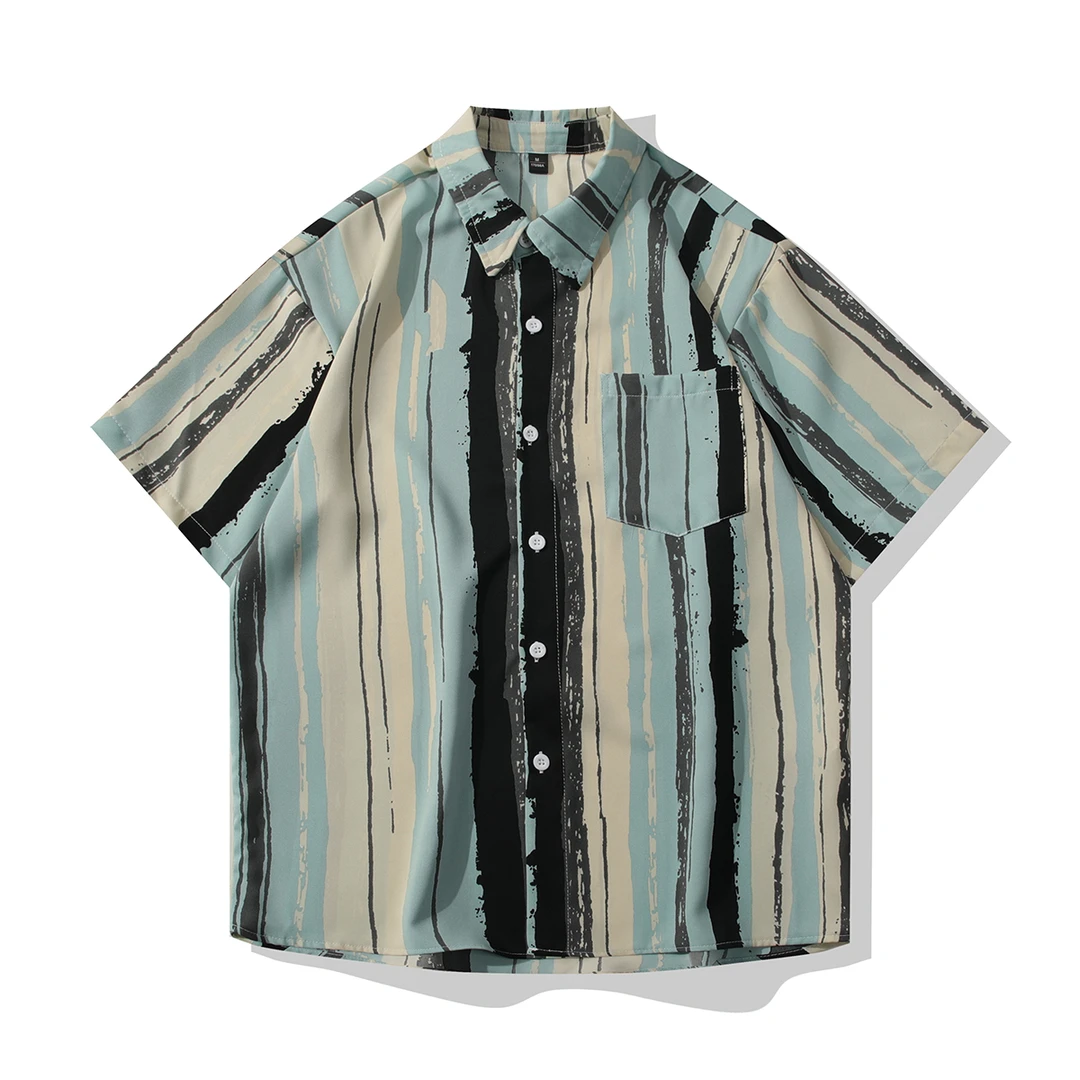日系潮流百搭冰丝衬衫男士海盐撞色宽松短袖薄款透气条纹休闲衬衣