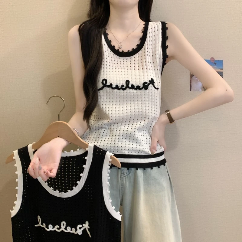 辣妹风镂空针织吊带女夏款2025新款撞色字母背心外穿无袖运动上衣