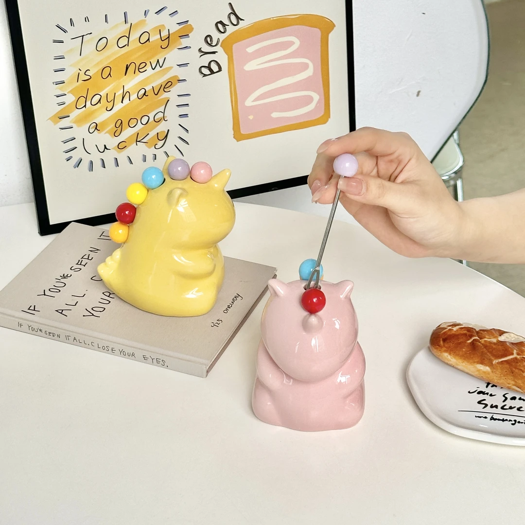 家用不锈钢轻甜品叉奢侈高级套装收纳罐独角兽果签可爱陶瓷水果叉