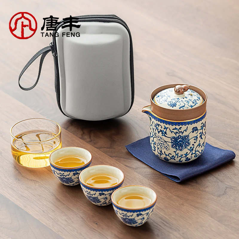 唐丰便携式旅行茶具套装青花汝窑一壶三杯户外露营喝茶快客杯套装