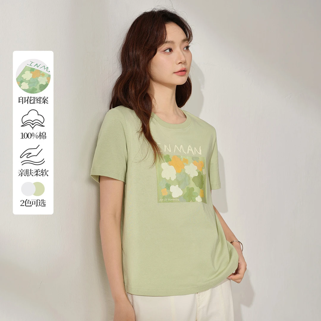 茵曼2025夏季新款女T恤上衣短袖纯棉显瘦休闲小圆领宽松刺绣印花